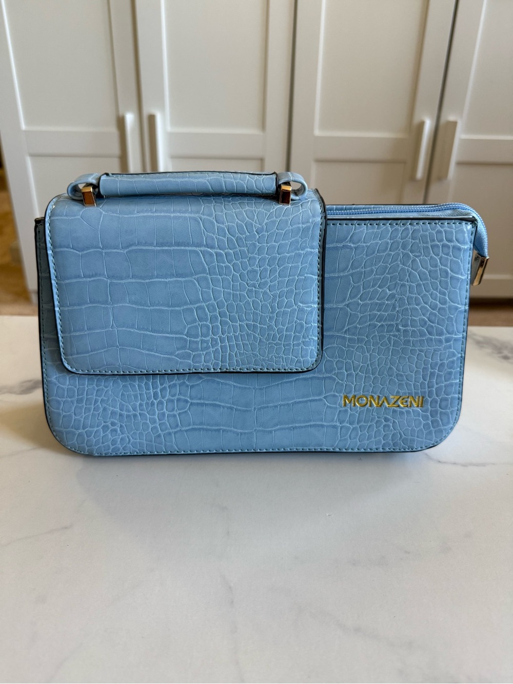 Light Blue Croc-Embossed Mini Crossbody -Monazeni